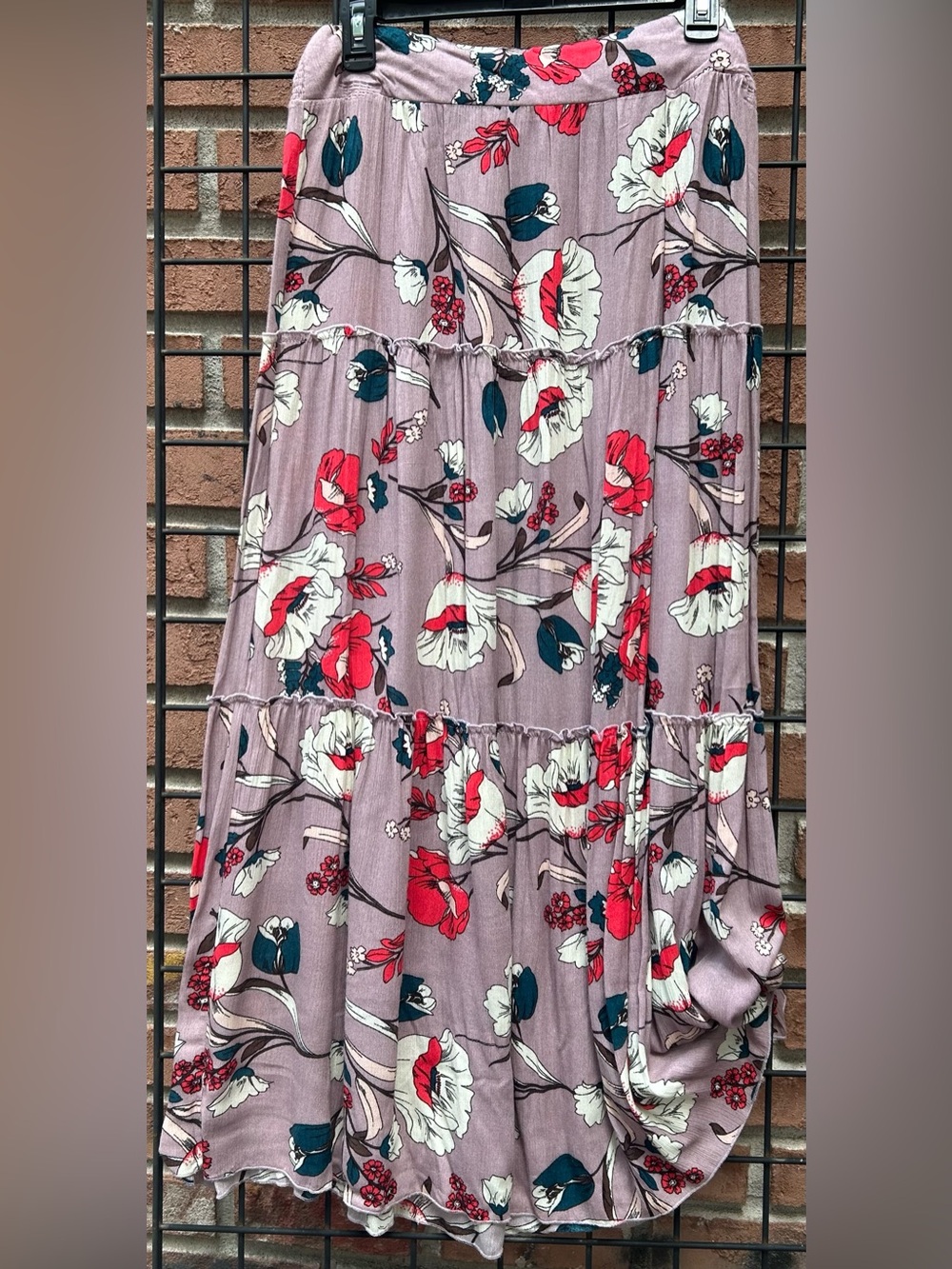 Azel Tiered Floral Maxi Skirt in Mauve with Red & Cream Blooms